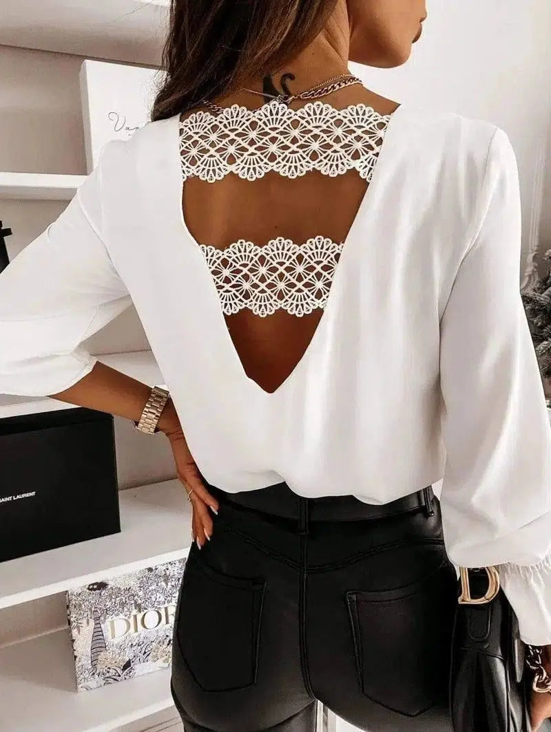 LOVEMI - Lovemi - Spring Long-Sleeved V-Neck Lace Shirt With Back