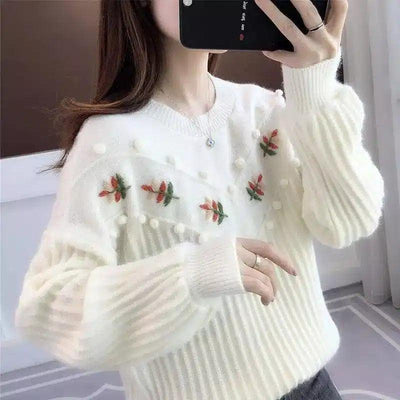 Women's Embroidered Knit Sweater with Pompoms-White-3