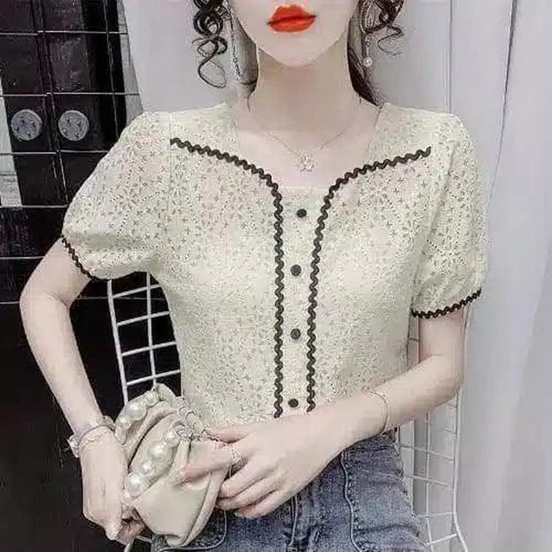 Lace Short-Sleeve Women's Blouse-Apricot-2