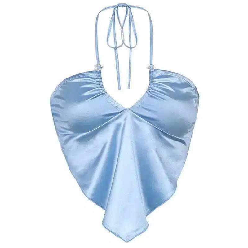 Women's Halter Neck Satin Crop Top-Blue-3