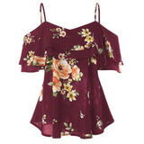 Lovemi -  Strapless floral chiffon shirt Blousse LOVEMI Red wine S 