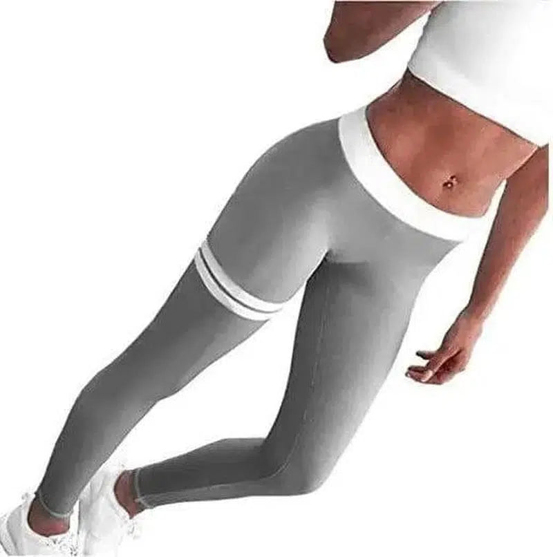 Striped print contrast color leggings tight hip hip-Silver gray-2