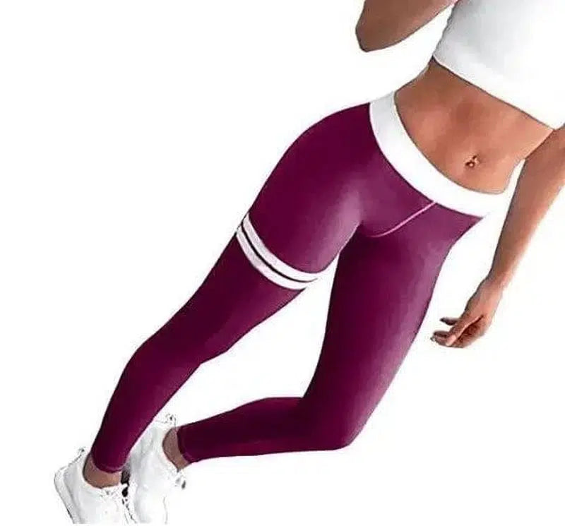 Striped print contrast color leggings tight hip hip-Purple-8