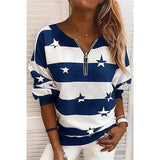 Striped Printed Long-Sleeved Zipper Loose Casual Sweater-Blue-2