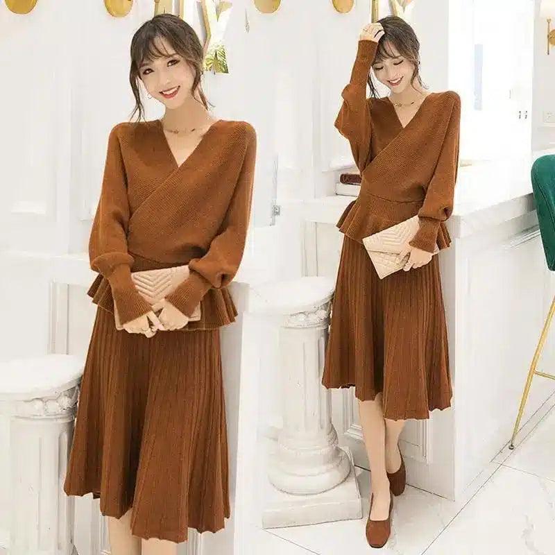 Womens Knit Sweater and Pleated Skirt Set-Caramel-1