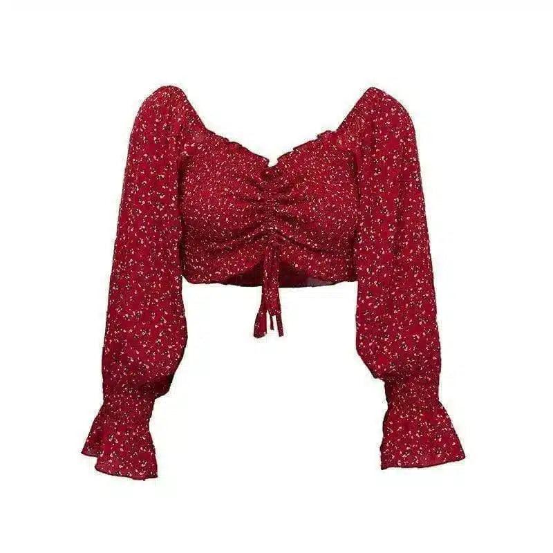 Floral Tie-Front Crop Top with Long Sleeves-Red-1