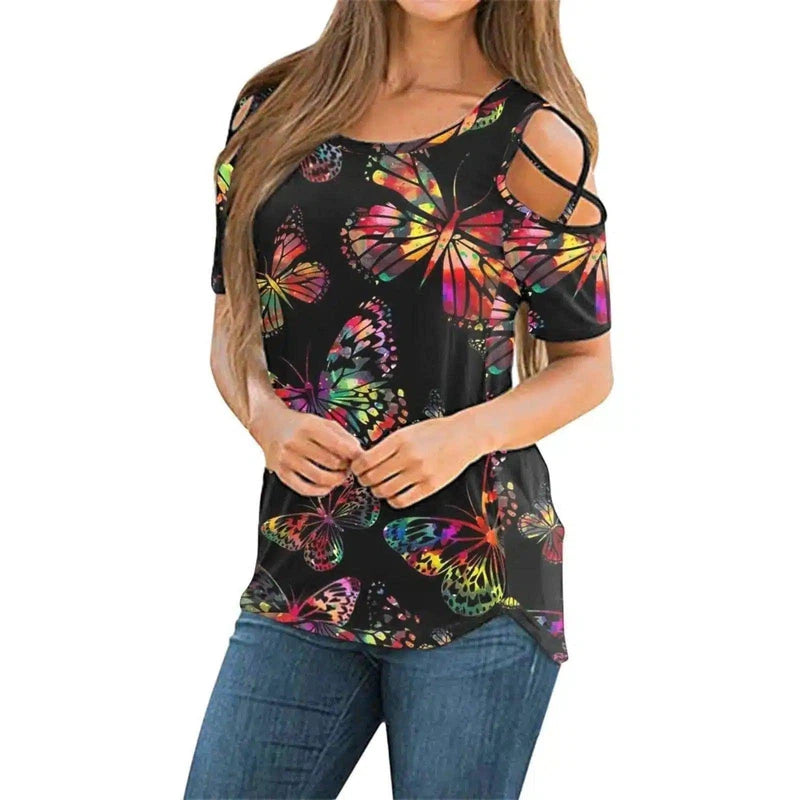 Cold Shoulder Floral Women's Casual Top-Photo Color-13