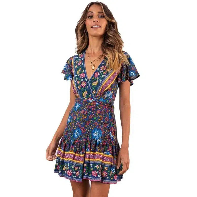 Summer V-neck bohemian print dress skirt women-Blackblue-20