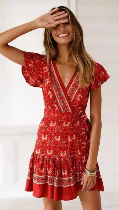 Summer V-neck bohemian print dress skirt women-Red-35