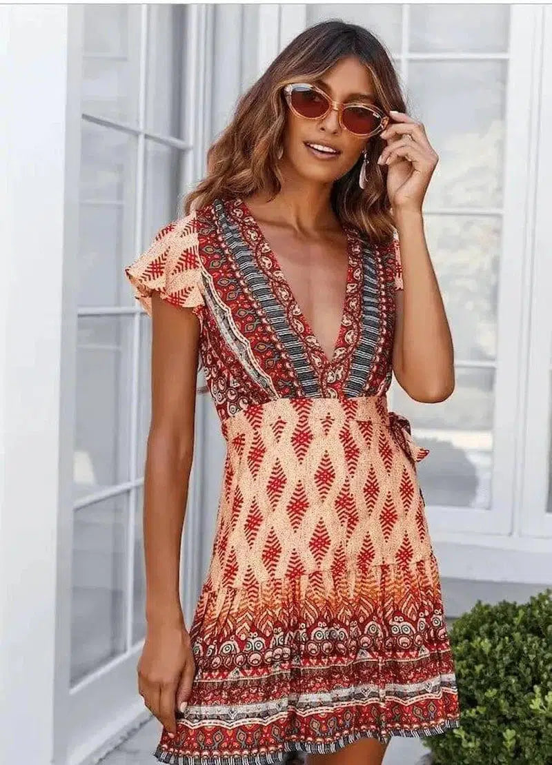 Summer V-neck bohemian print dress skirt women-Orange-37