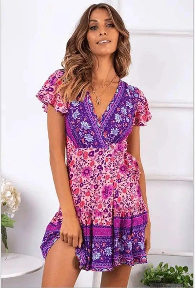 Summer V-neck bohemian print dress skirt women-Fuchsia-39