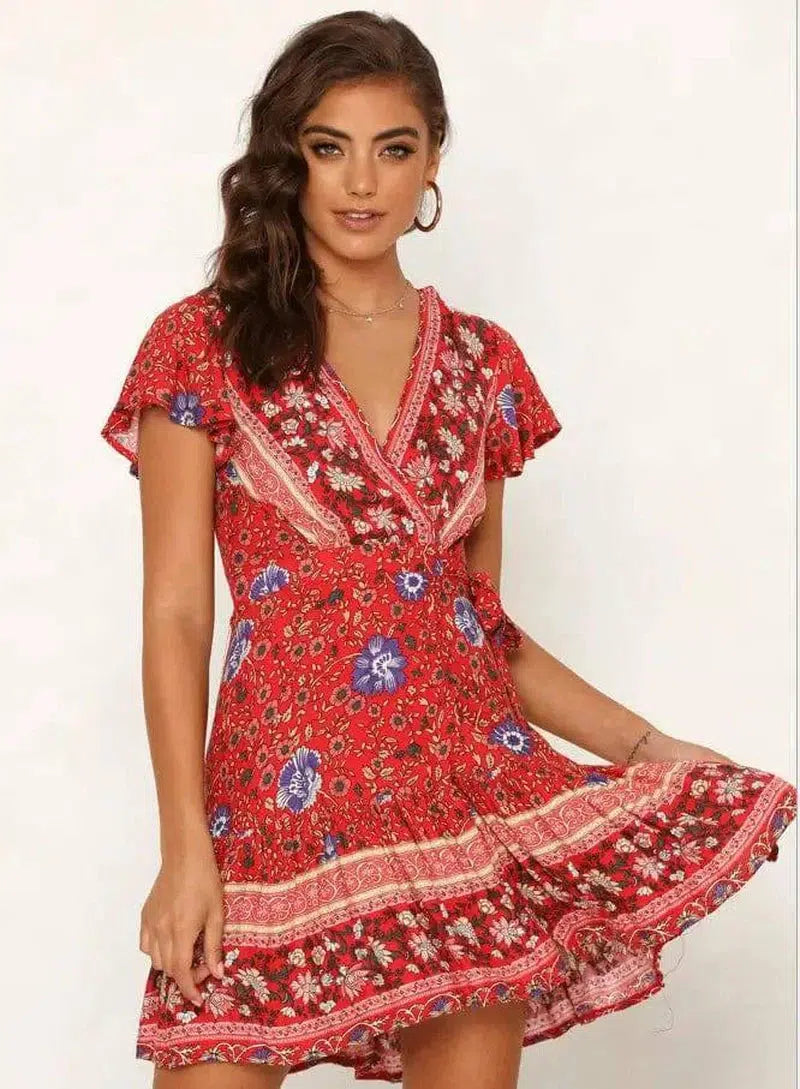 Summer V-neck bohemian print dress skirt women-Redwine-40