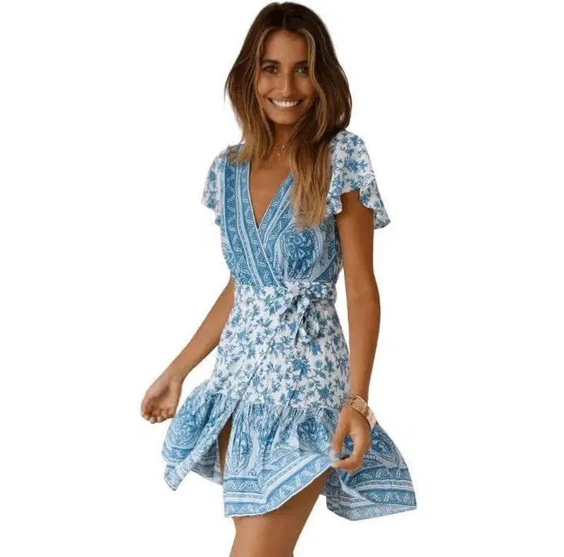 Summer V-neck bohemian print dress skirt women-Skyblue-45