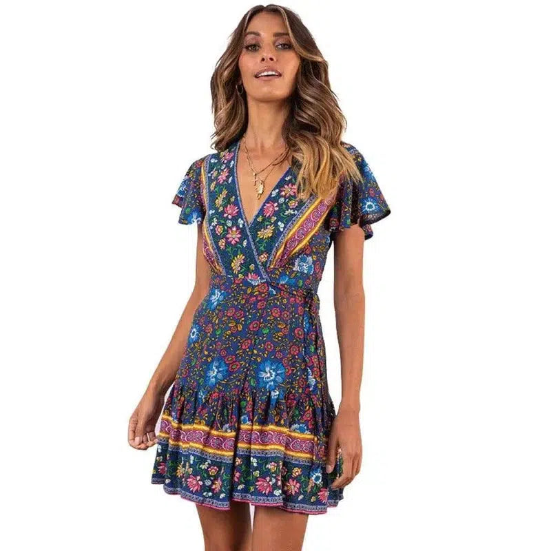 Summer V-neck bohemian print dress skirt women-Blackblue-64