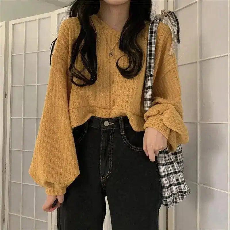 Women's Casual V-Neck Knit Sweater-Yellow-2