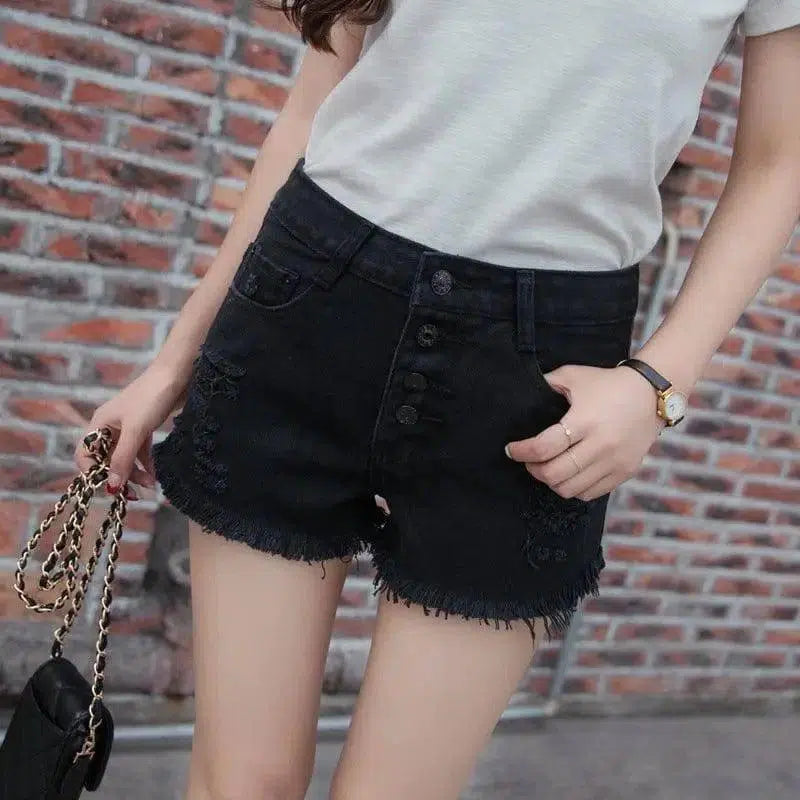 Tassel Cutoff Denim Shorts-Black-10