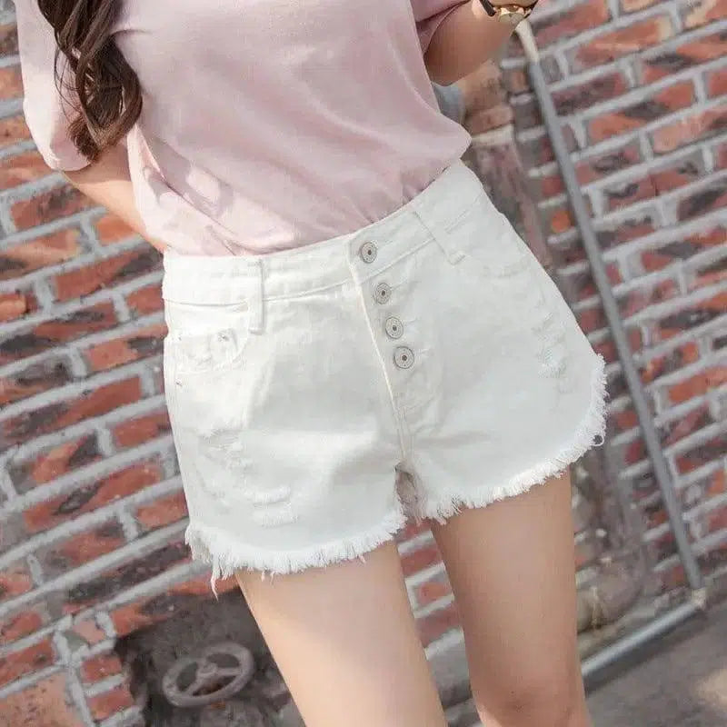 Tassel Cutoff Denim Shorts-White-12