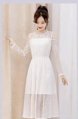 Elegant Midi Dress with Sheer Sleeves-White-2