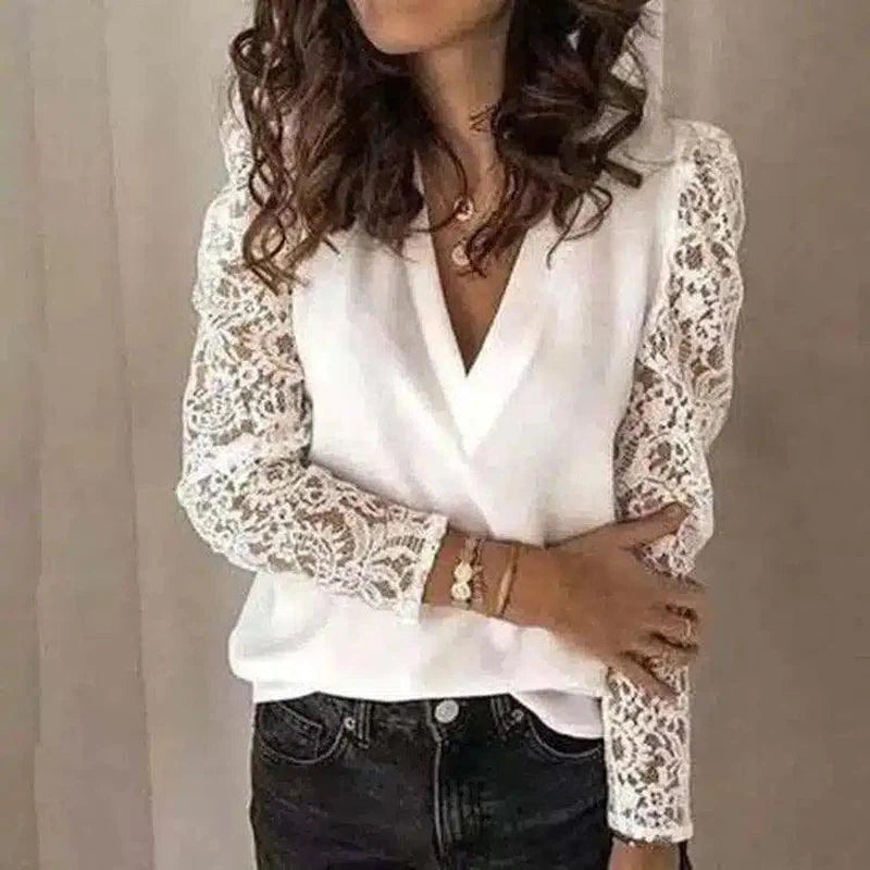 Lace Sleeve V-Neck Blouse for Women-White-1