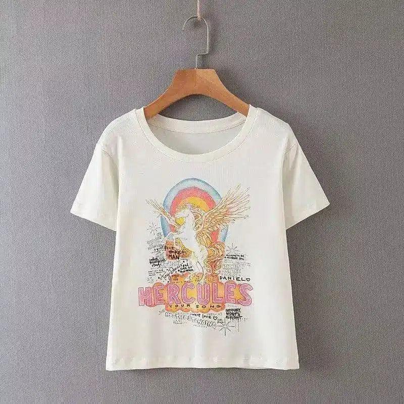 Thin white horse print T-shirt-White-2