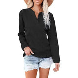 Top Solid Color V-Neck Long-Sleeved T-Shirt Polo Shirt Women-Black-5