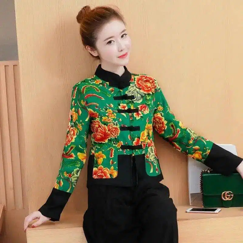 Elegant Floral Jacket in Asian Style-Green-2