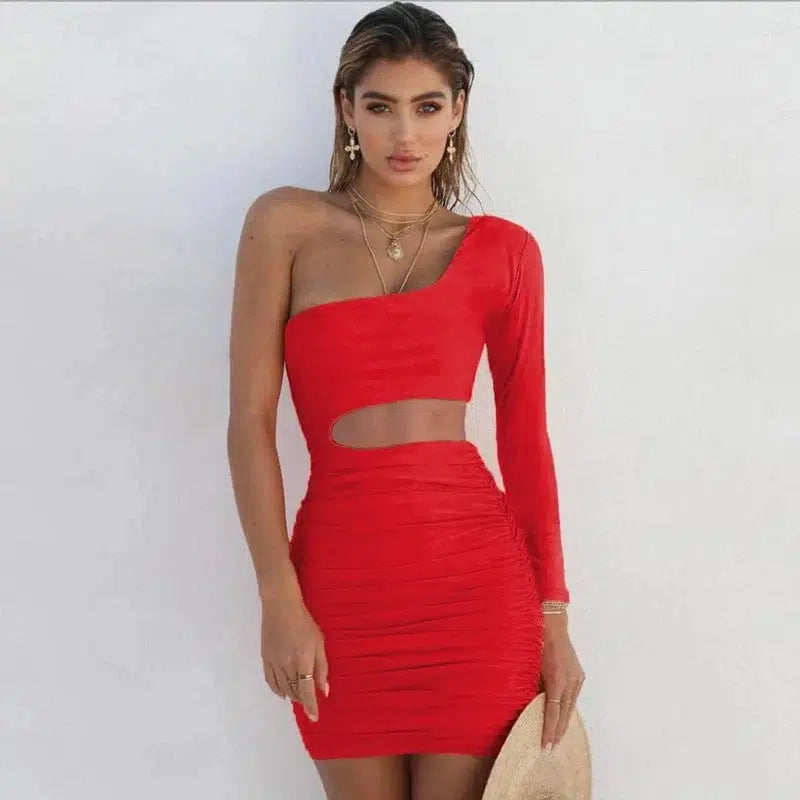 USA Size Cutout Shoulder Long Sleeve Hip Pleated Dress-Red-21