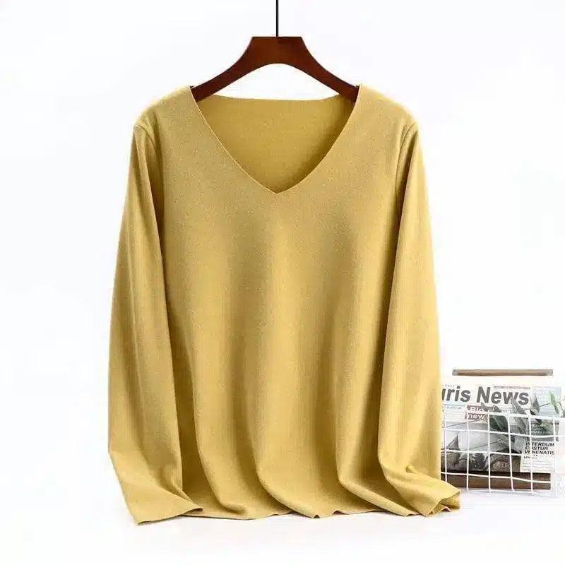 Women's V-Neck Long Sleeve Blouse-Yellow-3