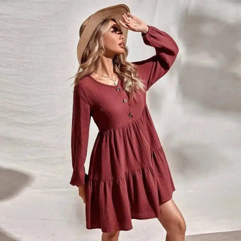 V-neck Single-breasted Long-sleeved Solid Color Dress-1