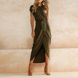 Lovemi -  Versatile Wrap Midi Dress in Assorted Colors Midi Dresses LOVEMI  ArmyGreen M 