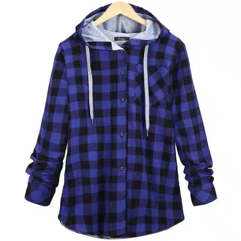 Hooded Flannel Checkered Shirt with Pockets-Blue-2