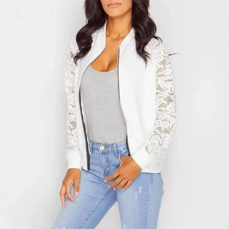 Women Bomber Jacket With Lace-White-2