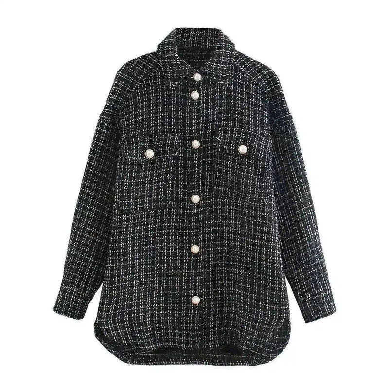 Women Plaid Pattern Thick Coats Jacket Pearl Buttons Long-Black-3