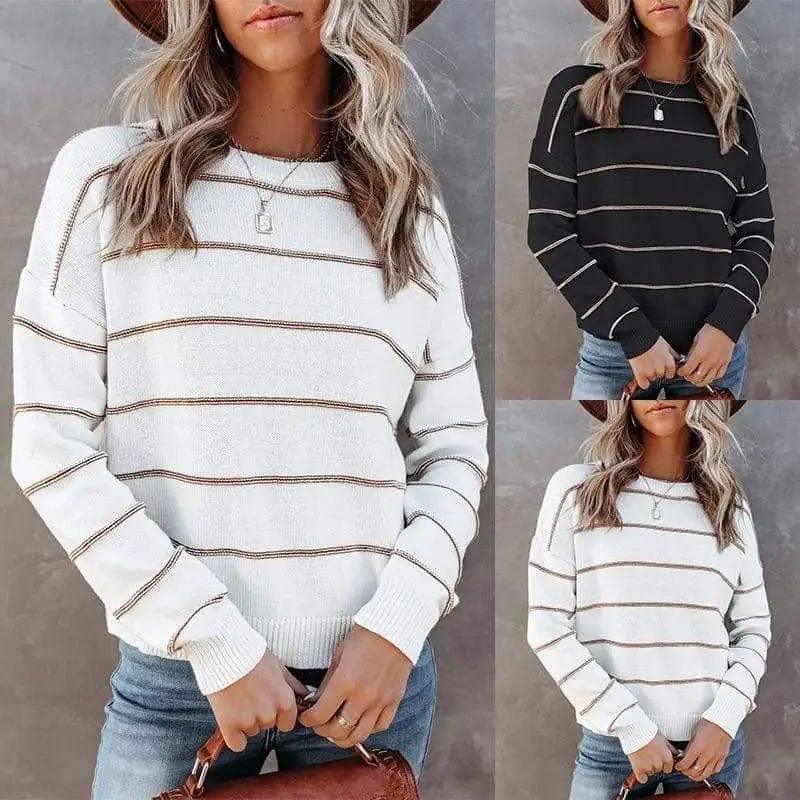 LOVEMI - Lovemi - Women Round Neck Striped Long Sleeve Pullover