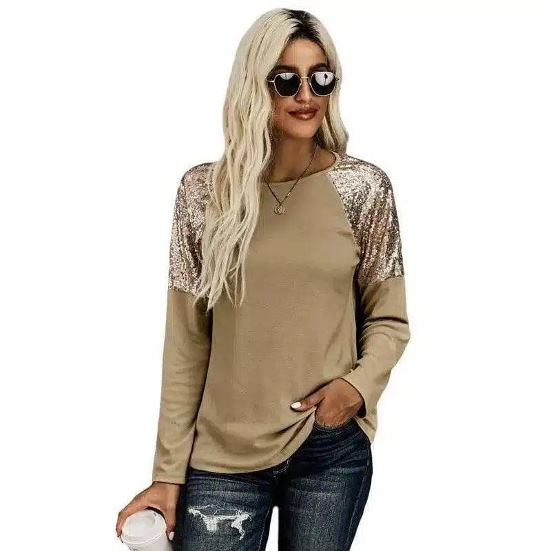 Women's Long Sleeve Sequin Shoulder Top-Yellow-3