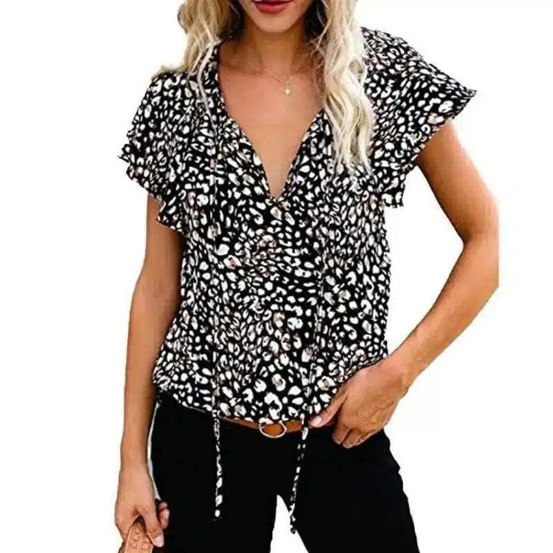 LOVEMI - Lovemi - Women's Casual Short-sleeved Loose Print V-neck