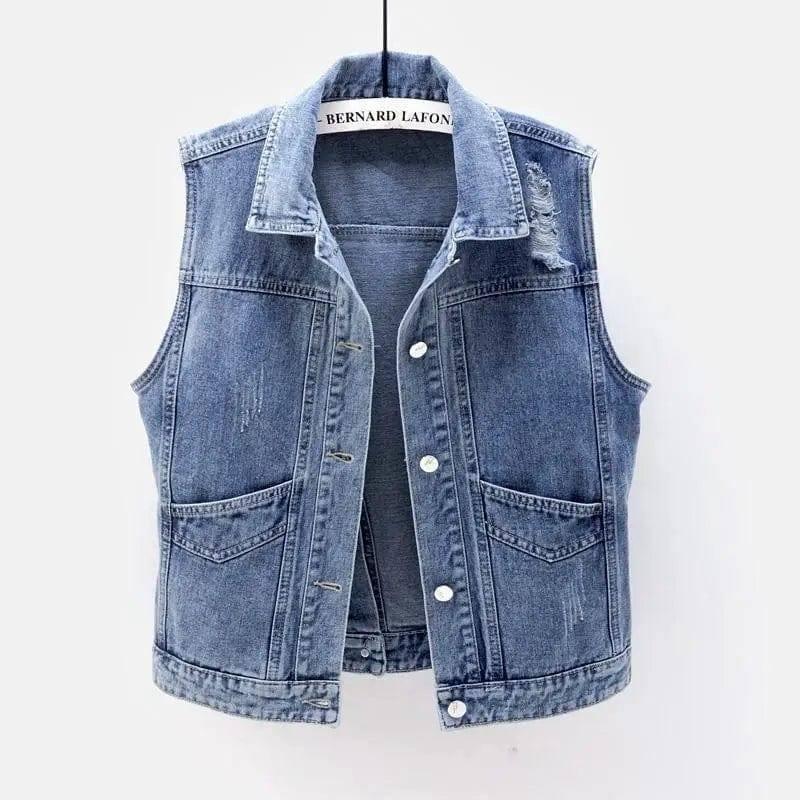 Stylish Denim Womens Vest - Distressed & Functional-Blue-1