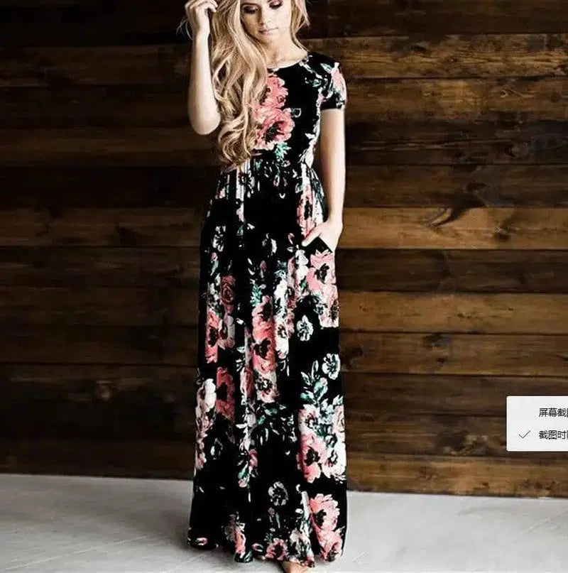 Women's Flower Printing Maxi Dress-Black-25