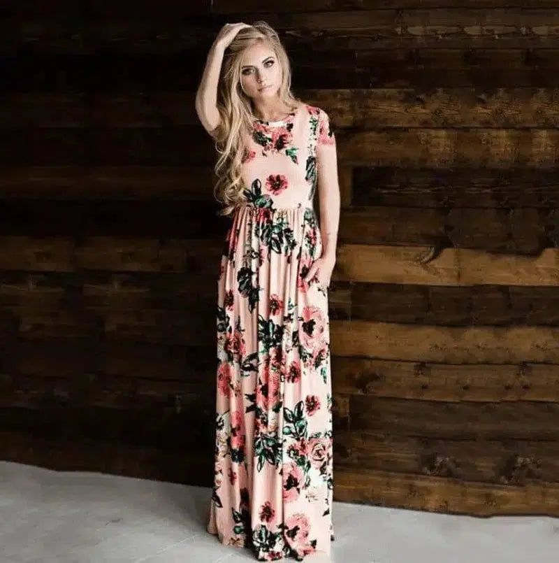 Women's Flower Printing Maxi Dress-Pink-27