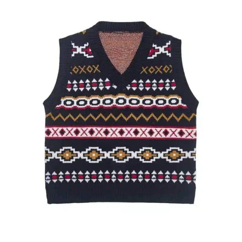 Patterned Knit Sleeveless Sweater Vest-Navy Blue-1