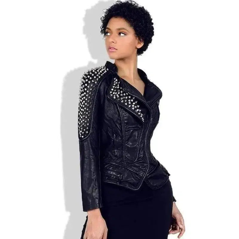 Women's locomotive shrug rivet slim-fit lapel leather jacket-Black-1