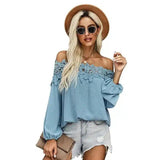 Lace Trim Off-Shoulder Women's Blouse-Blue-4