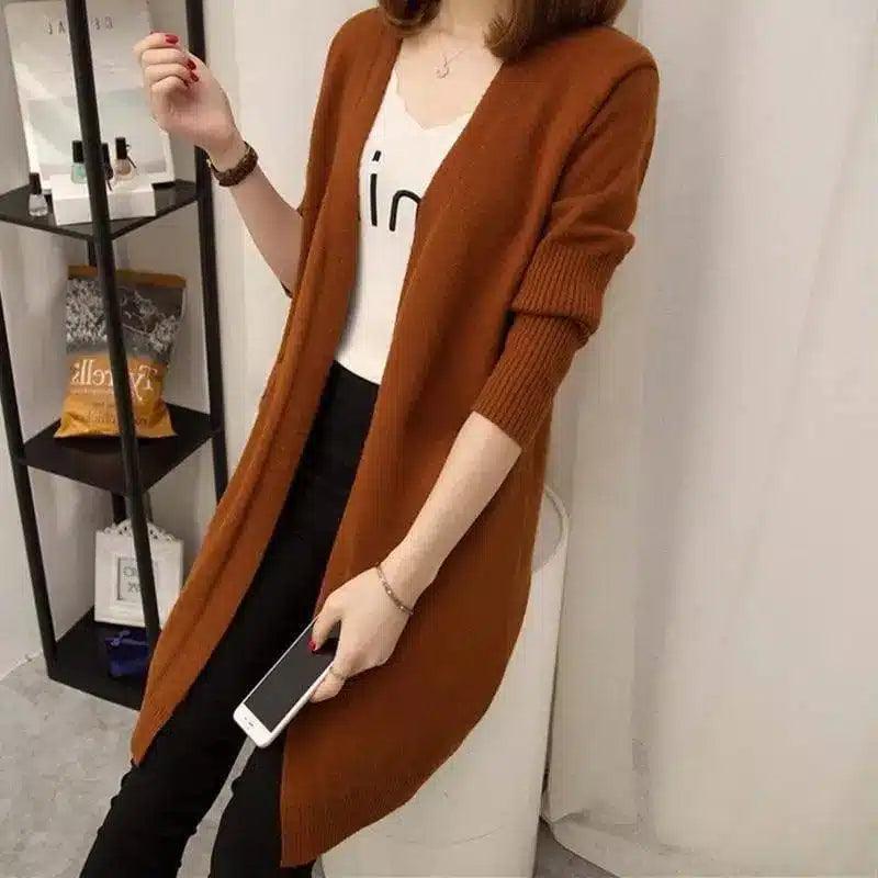 Women's Long Knit Cardigan with Pockets-Caramel colour-2