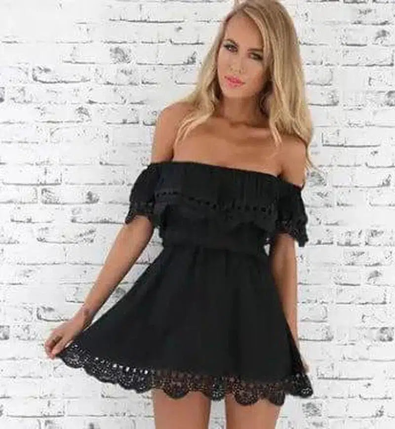 Women's Off Shoulder Lace Dress-Black-8