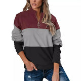 Women's Zip Collar Pullover Sweatshirt-Red gray black-4