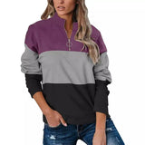 Women's Zip Collar Pullover Sweatshirt-Purple gray black-5