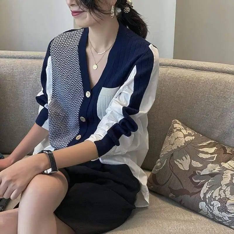 Women's V-neck Loose Shirt Fashion Knit Cardigan-Blue-3