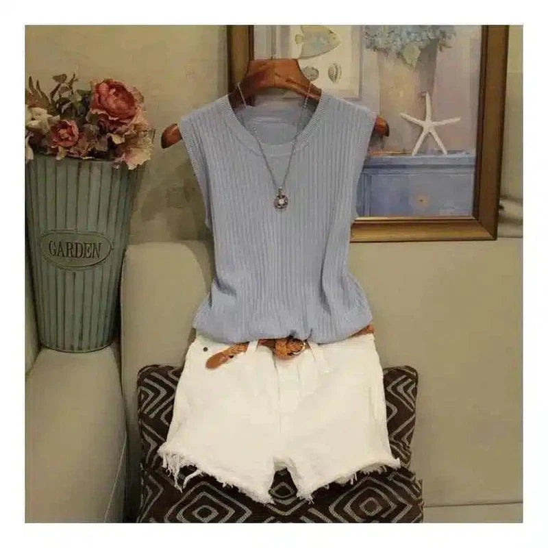 Sleeveless Knit Crop Top for Casual Wear-Blue-5