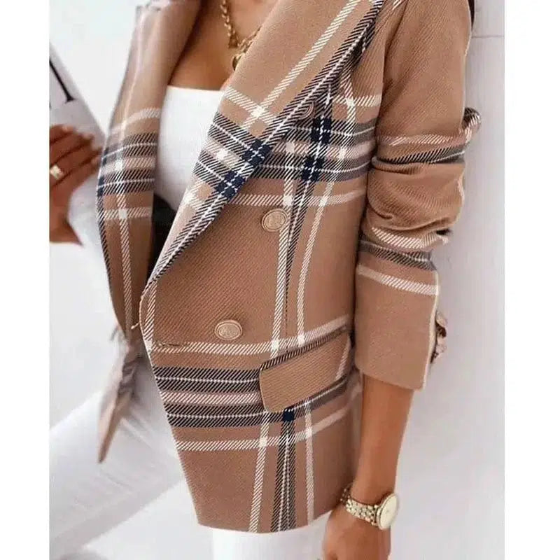 Womens Long-Sleeved Plaid Print Blazer-Khaki large grid-2