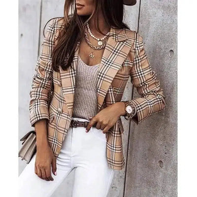 Womens Long-Sleeved Plaid Print Blazer-small grid-3